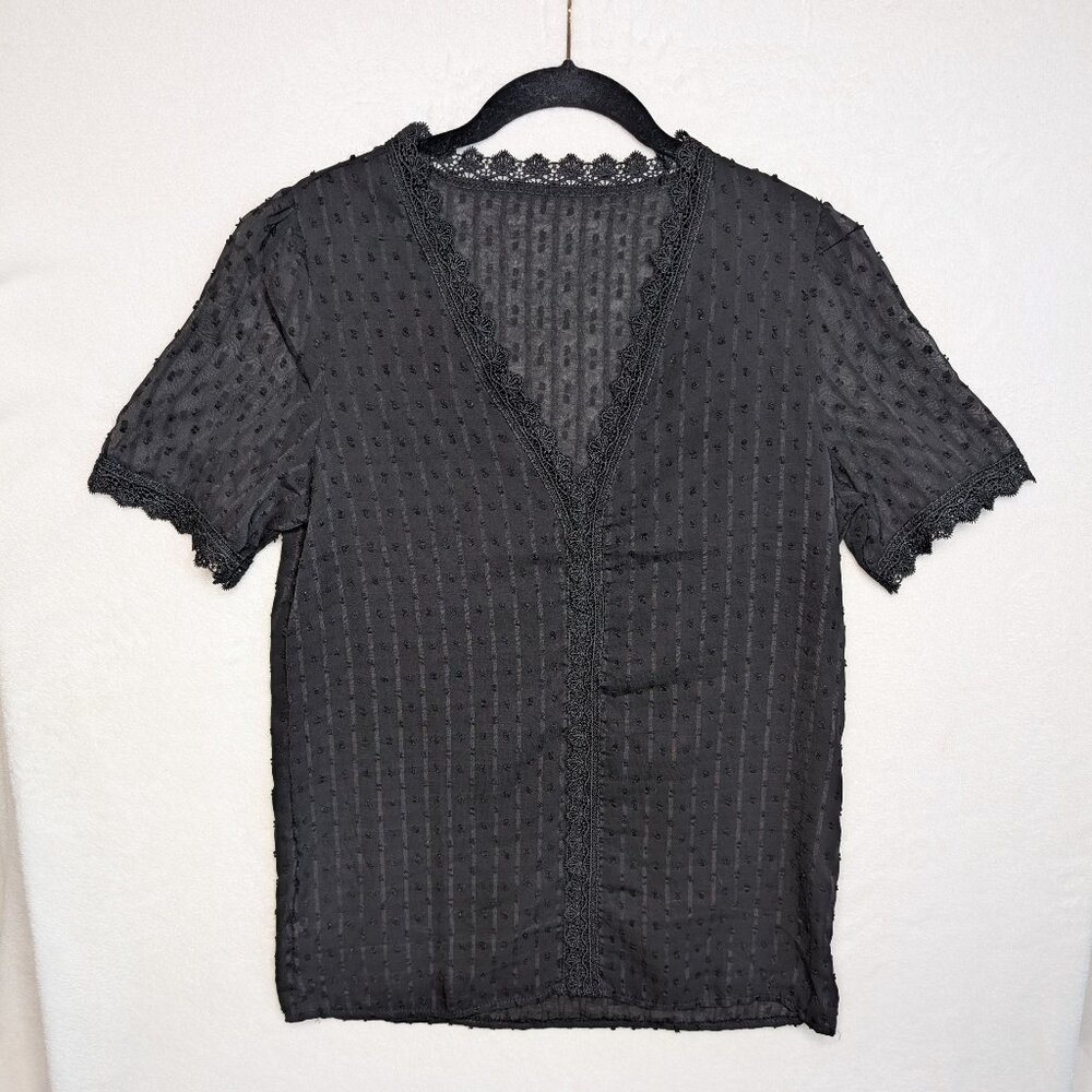 Black Semi Sheer Short Sleeve V Neck Blouse Size M